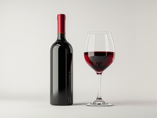 A bottle of red wine next to a half-filled glass on a neutral background, symbolizing luxury and taste