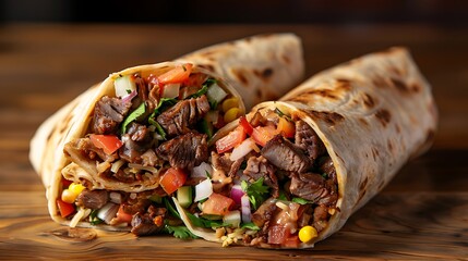 Burrito and shawarma wraps with beef and pork vegetables on wooden table