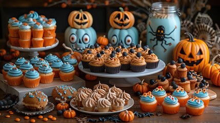 A Halloween-themed dessert platter with spooky-shaped cookies, cupcakes, and candies.