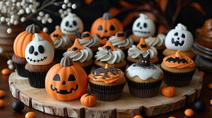 A Halloween-themed dessert platter with spooky-shaped cookies, cupcakes, and candies.