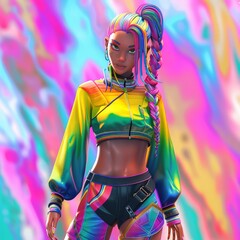 Vibrant 3D cartoon woman with colorful braided rainbow hair, wearing a trendy outfit and posing confidently against a multicolored background.