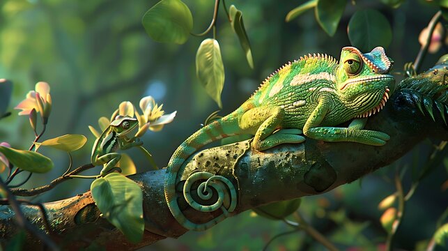 Chameleon bored by chatty frog
