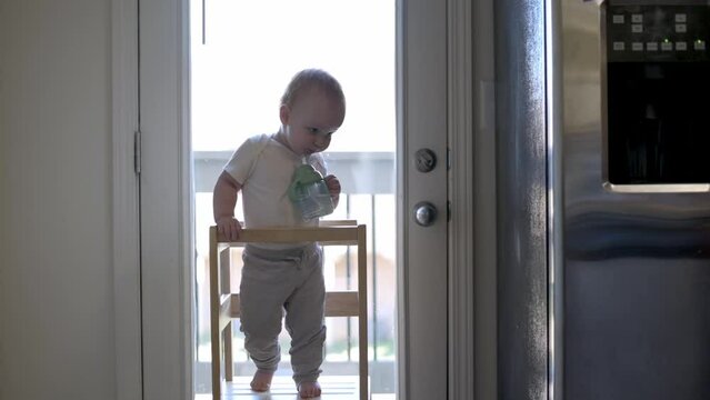 A captivating video of a toddler standing in a sunlit kitchen, skillfully drinking from a sippy cup, showcasing early self-feeding skills and independence in a domestic setting.