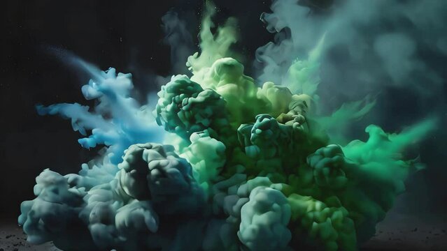 Green and blue bright dust explotion smoke on dark background. Abstract 4k footage