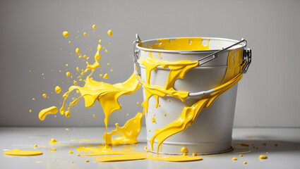 A white bucket on a white surface with yellow paint spilled