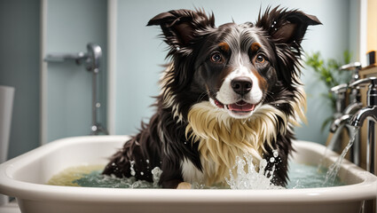 A Border Collie is standing in a bathtub full of water