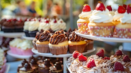 Close up shot of cupcakes and cakes at a bake sale outdoors