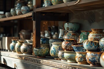 a bunch of vases that are on a shelf