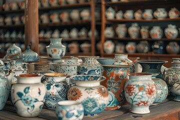 a bunch of vases that are on a table