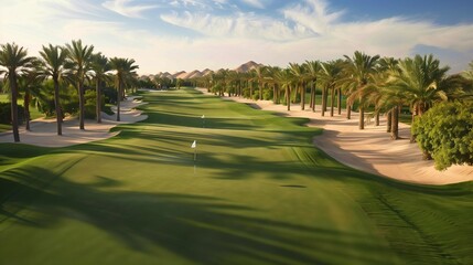 A challenging desert oasis golf course with palm trees and sand dunes, great for novices and seasoned golfers.