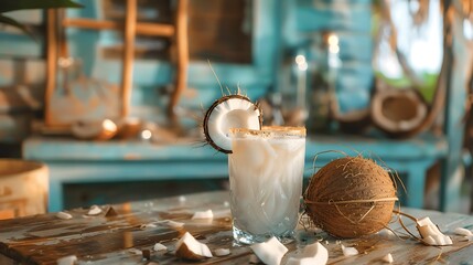Coconut drink pulp glass wooden table - Powered by Adobe