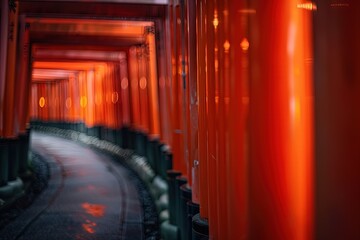 a walkway lined with red pillars and lights