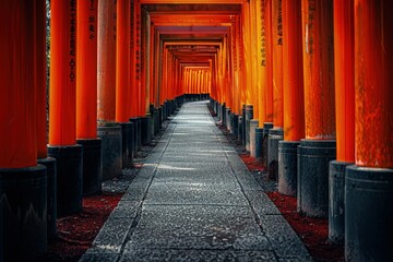 a long walkway lined with orange columns - Powered by Adobe