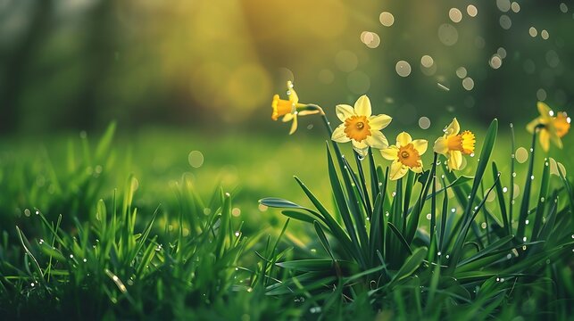 Cluster yellow daffodils green grass beauty