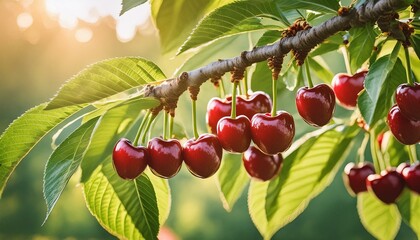 Closeup of green sweet cherry tree branches with ripe juicy berries in garden. Harvest time,red, cherry, tree, berry, nature, branch, berries, 