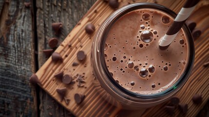 Cold chocolate milk drink wooden background closeup