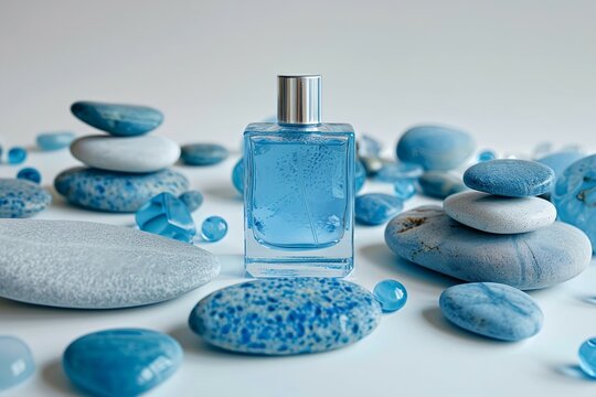 A bottle of light blue perfume rounded blue stones on a white background