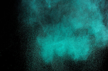 Grunge green texture. Aquamarine smoke cloud on black background. Light blue textured on dark sky. Space backdrop. Explosion overlay pattern.	