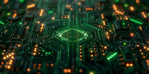 Obraz premium Green Neon Circuit Board Pattern Futuristic Tech Inspired Background for Displaying Electronic Products Concept with Copy Space