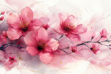Red flowers, watercolor splashes, decorative painting style, pink and gray, floral pattern background. Created with Ai 