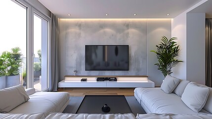 Modern and minimalist apartment interior living room with tv flat screen wall mounted modern furniture