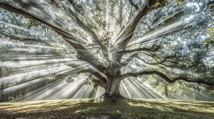   Sunlight filters through an oak's branches, casting golden beams onto green grass and nearby trees in a tranquil field setting