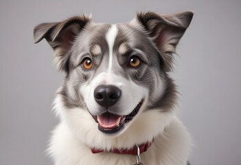 Dog with gray and white fur, looking at the camera open-mouthed expression, cute animal against white yellow background