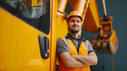 Hardworking Crane Operator in Bright Yellow Uniform Operating Heavy Machinery on the Job Site