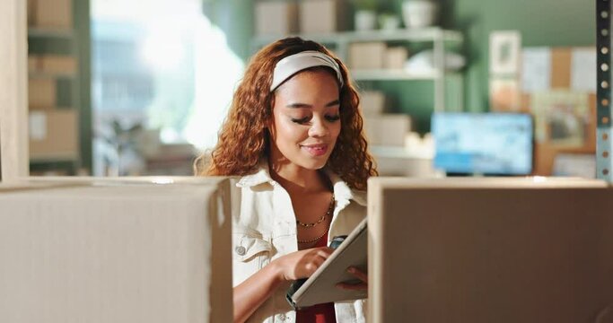 Woman, scan boxes and tablet in warehouse for online order invoice, verify shipping information or distribution. Logistics, employee and supplier with inventory check, supply chain or package pricing