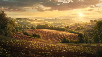 Cultivated land in a rural landscape at sunset