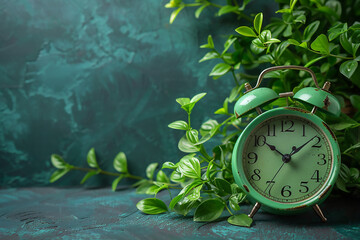 Retro and vintage clock at ten o'clock stand on stone that clover with green moss , green environment