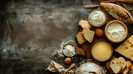 Dairy products assortment shot on rustic wooden table
