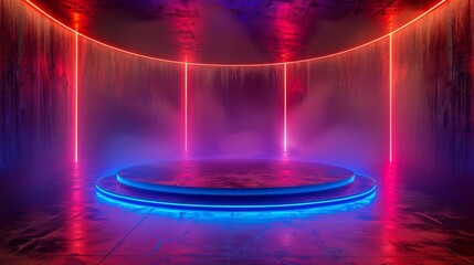 Neon lights illuminate a circular stage in a dark, futuristic setting.