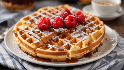 A plate of waffles with raspberries on top and powdered sugar sprinkled on top of the waffles.  