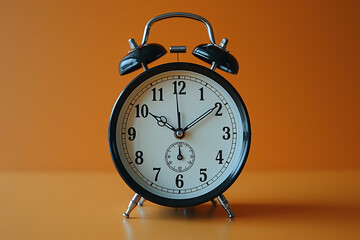 Classic round analog alarm clock on background