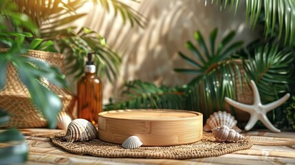 Wooden podium with tropical leaves and seashells for product display.