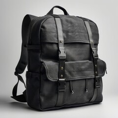 Black s backpack with multiple pockets and buckles.