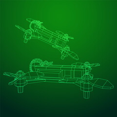 FPV Drone Racing freestyle sport flight. Hobby toys. Wireframe low poly mesh vector illustration.