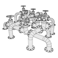 Oil pipeline with valve. Petrol production. Petroleum fuel industry transportation line. Wireframe low poly mesh vector illustration