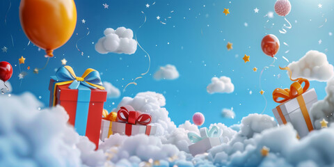 Birthday gift box with colorful ballon on pastel background. Ai generative