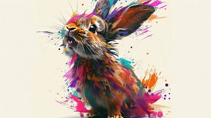   A digital painting depicts a vibrant rabbit splashed with multicolored paint, resting against a pristine white backdrop
