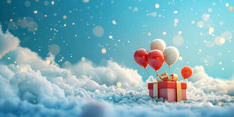 Birthday gift box with colorful ballon on pastel background. Ai generative