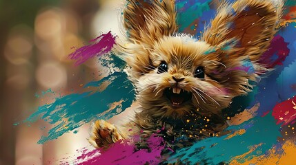   A small dog in colorful splatters, with an open mouth in a painting