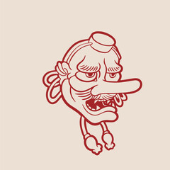 Hand drawn Japanese Tengu mask coloring page, Vector illustration