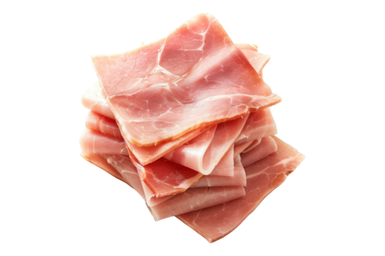 Squared slices of lean pork ham Isolated on transparent background