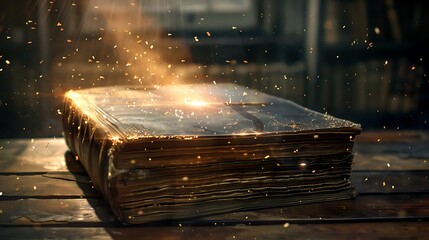 Old magic book on wooden table with light rays coming out form instide