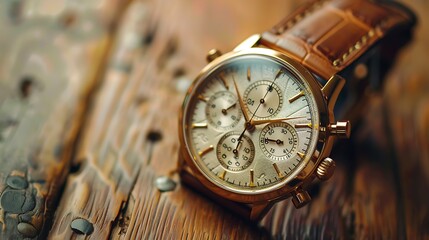 Expensive wrist watch on wooden surface