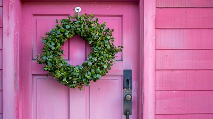 Hanging on magenta wood front door is displayed an easter wreath made of green foliage