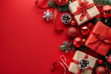 Festive Red Background With Christmas Presents and Decorations
