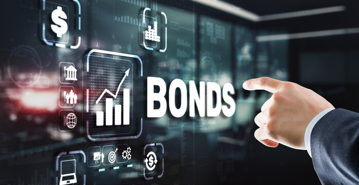 Businessman clicks a bonds virtual screen. Bond Finance Banking Technology concept. Trade Market Network